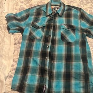 Men’s M Blue Plaid Dixxon Flannel Bamboo Blend Shortsleeved Button Up Shirt